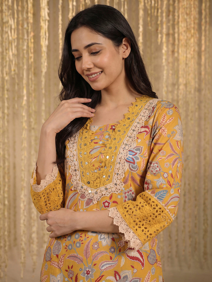 Yellow Lace Neck Cotton Blend Kurta With Pant &amp; Dupatta