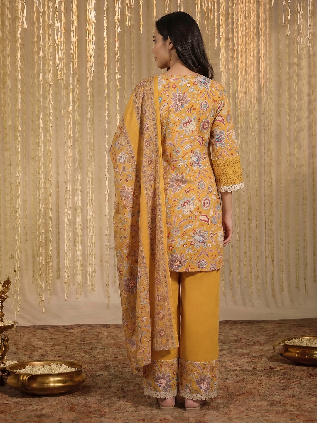 Yellow Lace Neck Cotton Blend Kurta With Pant &amp; Dupatta