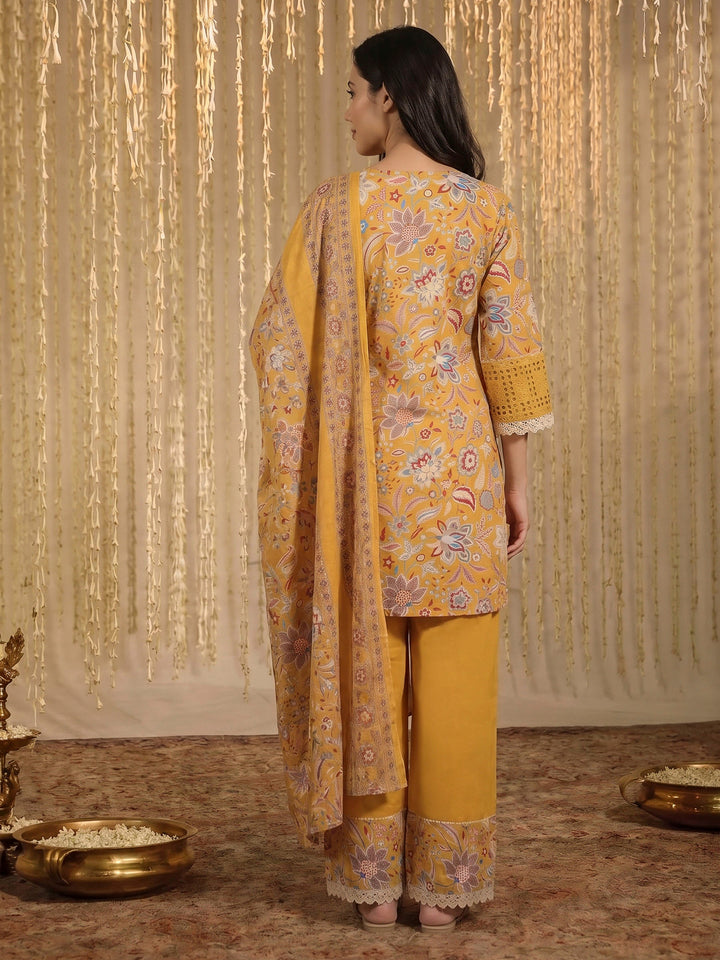 Yellow Lace Neck Cotton Blend Kurta With Pant &amp; Dupatta