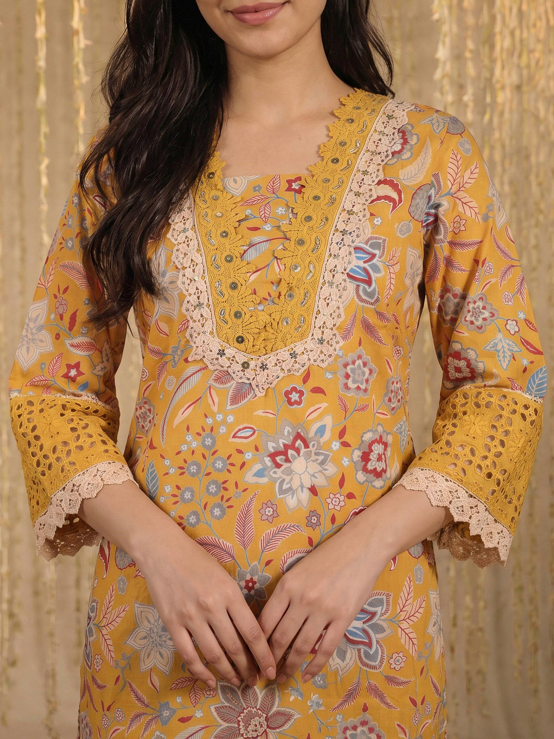 Yellow Lace Neck Cotton Blend Kurta With Pant &amp; Dupatta