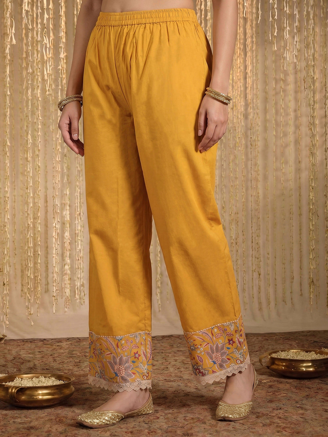 Yellow Lace Neck Cotton Blend Kurta With Pant &amp; Dupatta