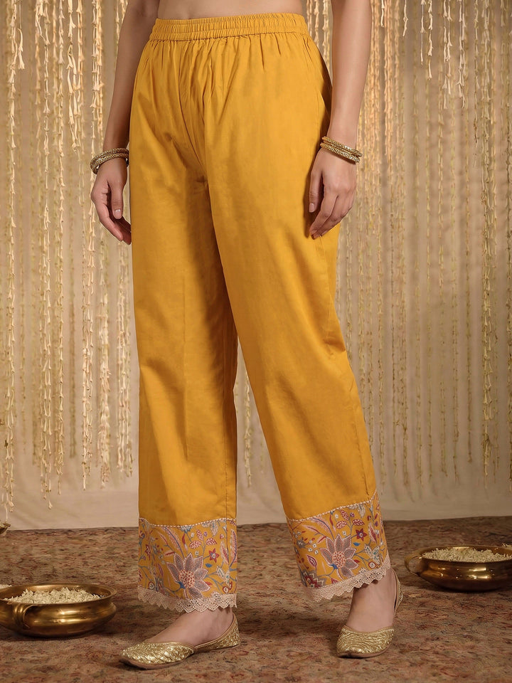 Yellow Lace Neck Cotton Blend Kurta With Pant &amp; Dupatta