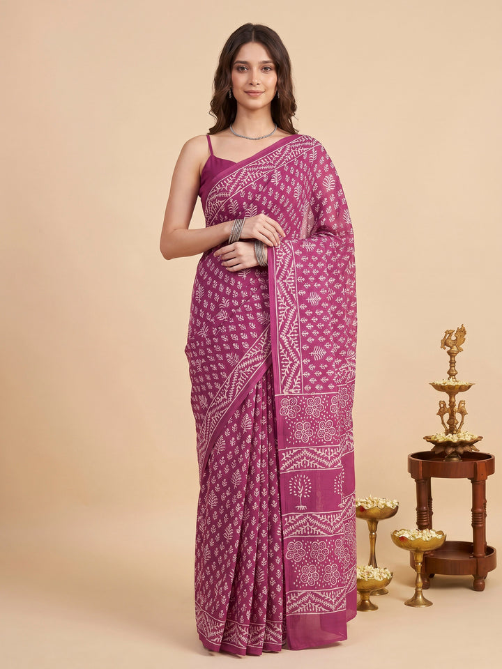 Purple Cotton Blend Printed Saree