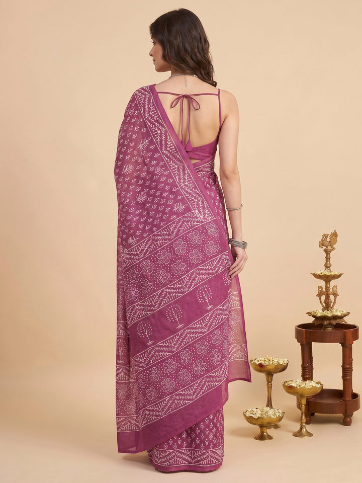 Purple Cotton Blend Printed Saree