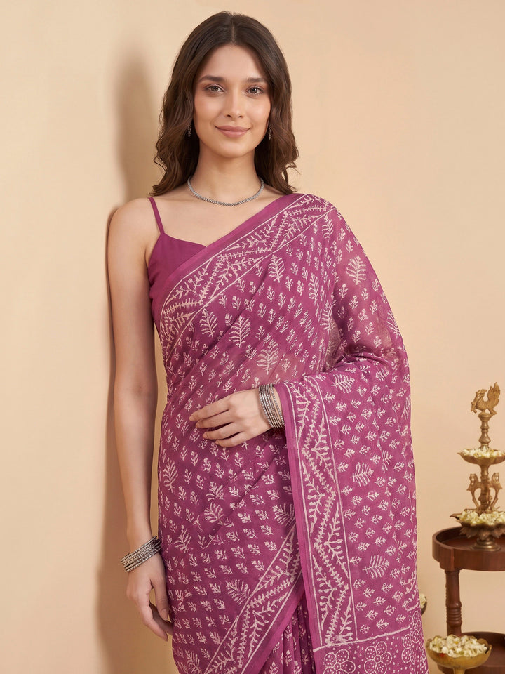 Purple Cotton Blend Printed Saree