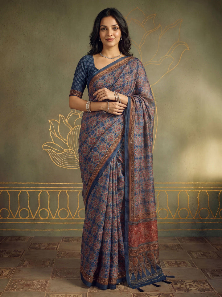 Blue Cotton Blend Printed Saree