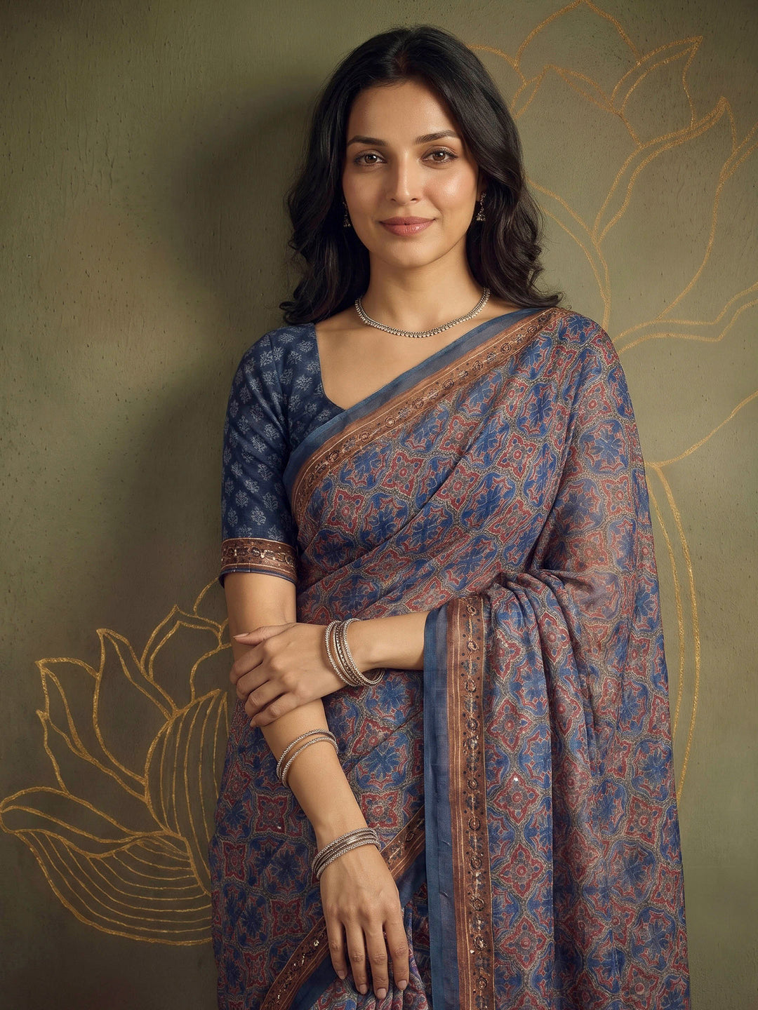 Blue Cotton Blend Printed Saree