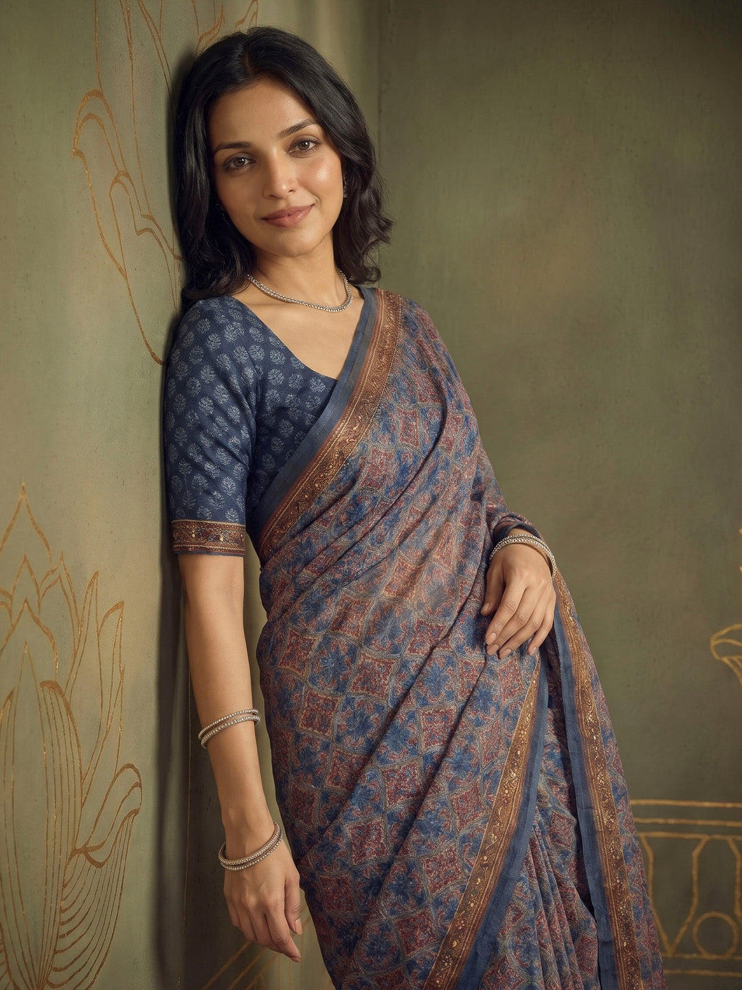 Blue Cotton Blend Printed Saree