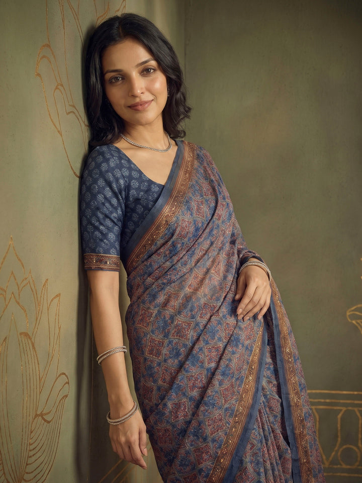 Blue Cotton Blend Printed Saree
