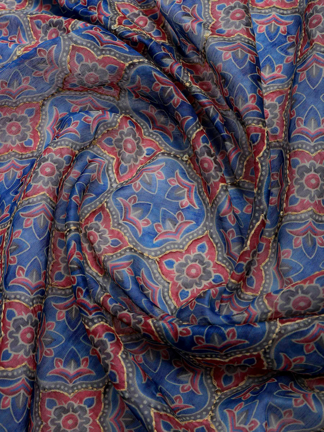 Blue Cotton Blend Printed Saree