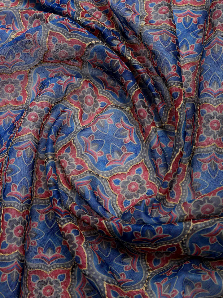 Blue Cotton Blend Printed Saree