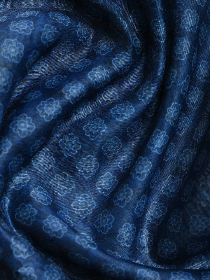 Blue Cotton Blend Printed Saree