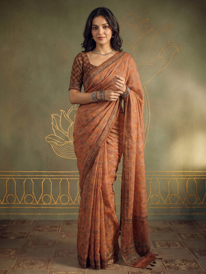 Mustard Cotton Blend Printed Saree