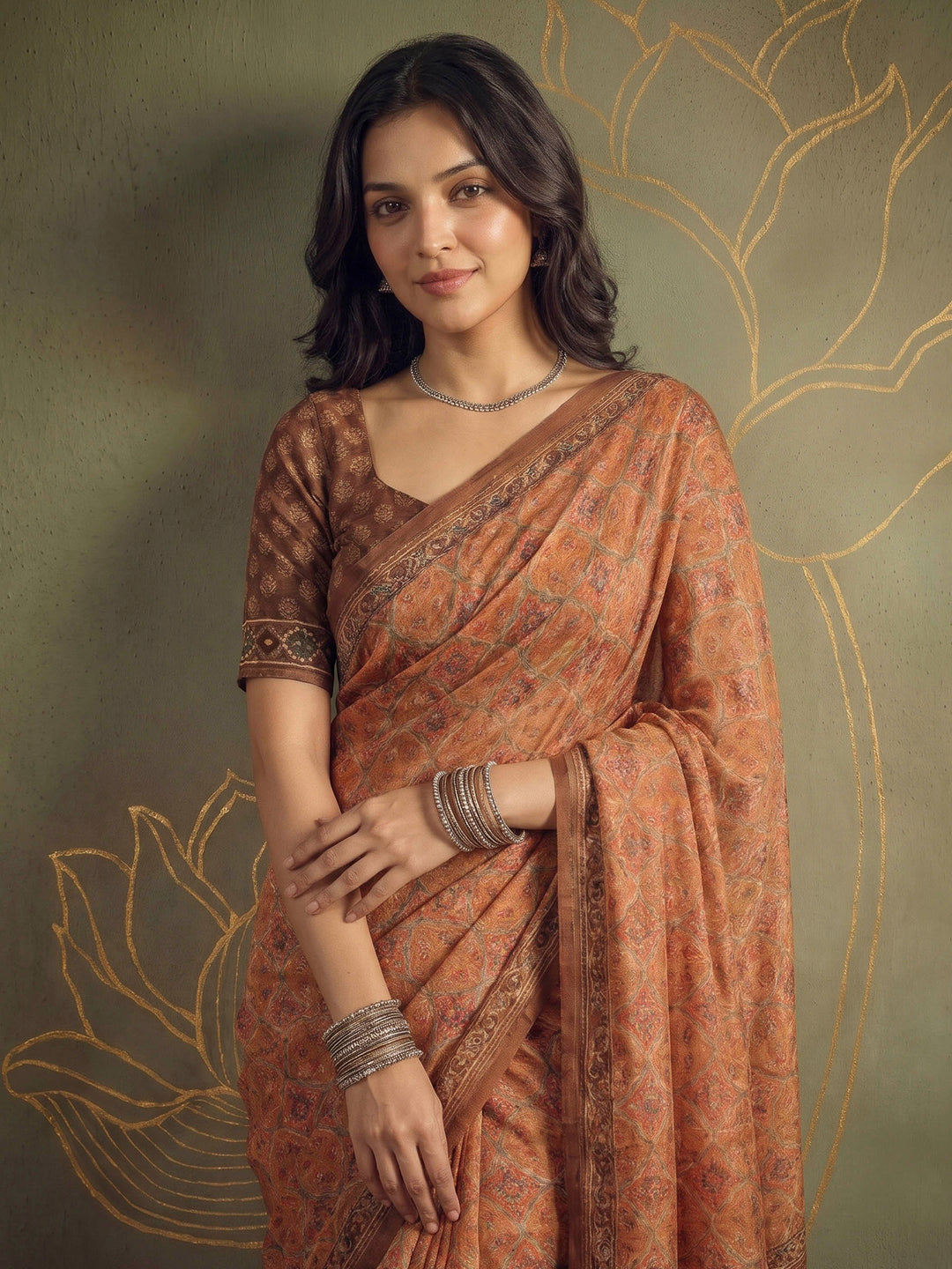 Mustard Cotton Blend Printed Saree