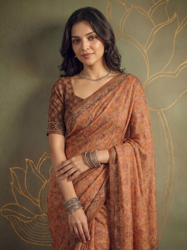 Mustard Cotton Blend Printed Saree