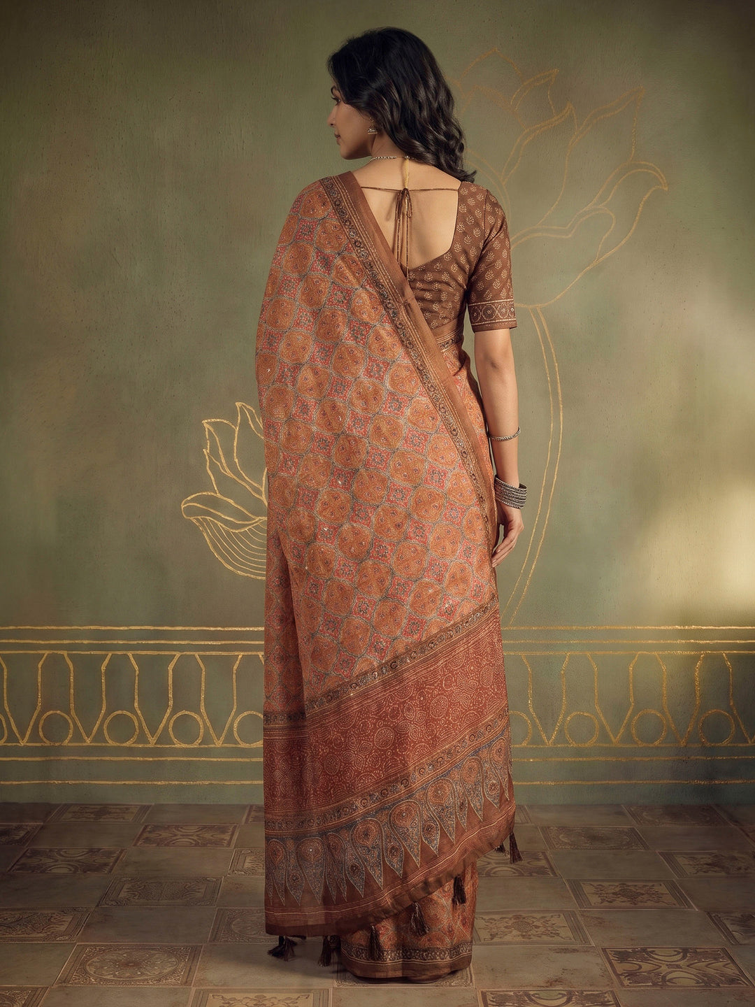 Mustard Cotton Blend Printed Saree