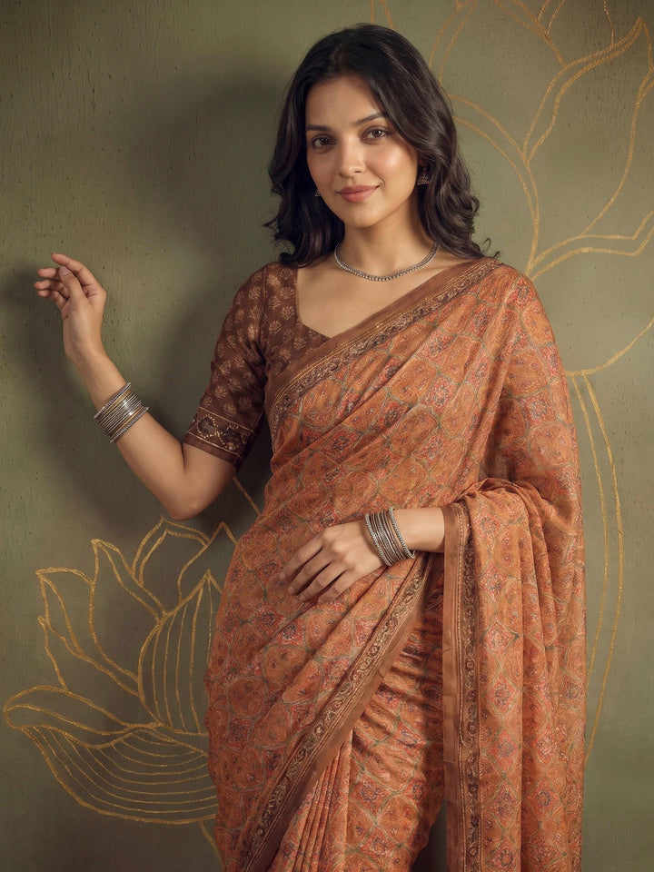 Mustard Cotton Blend Printed Saree