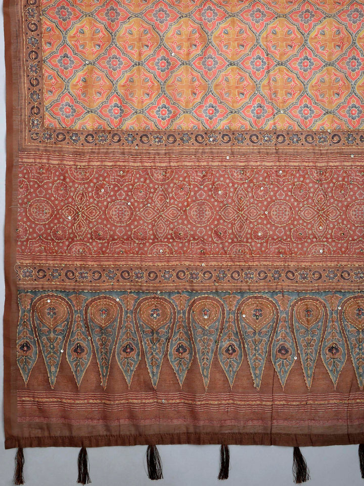 Mustard Cotton Blend Printed Saree