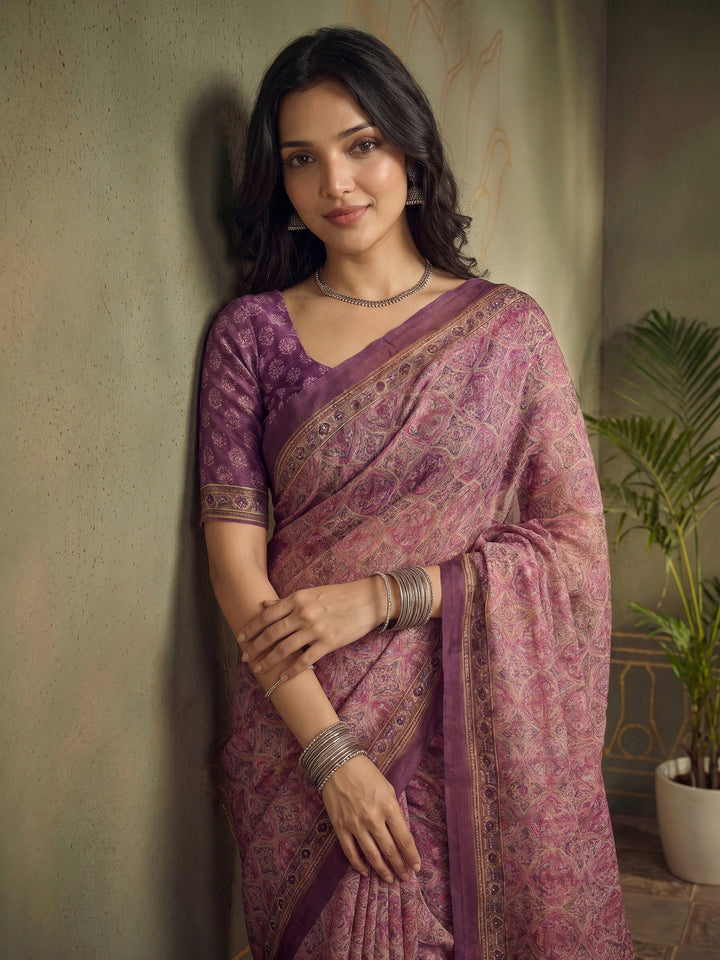 Pink Cotton Blend Printed Saree