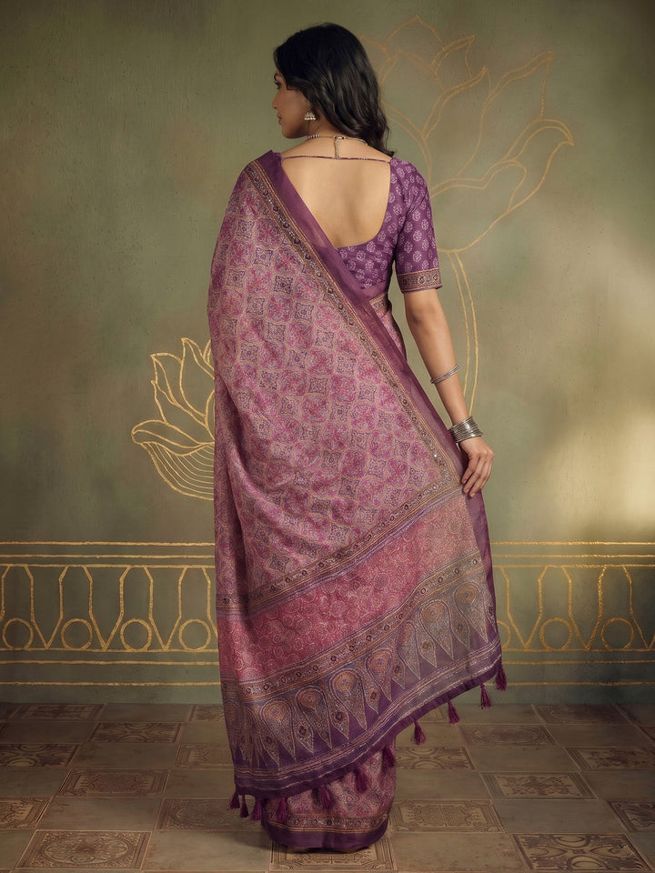 Pink Cotton Blend Printed Saree