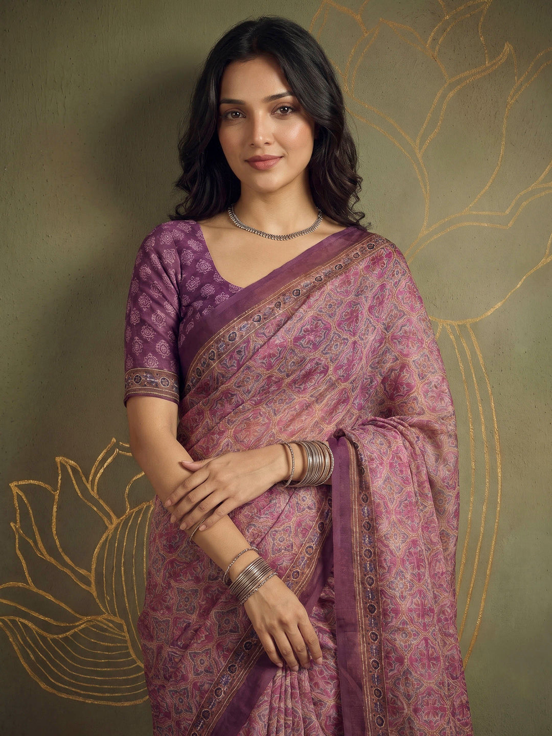 Pink Cotton Blend Printed Saree
