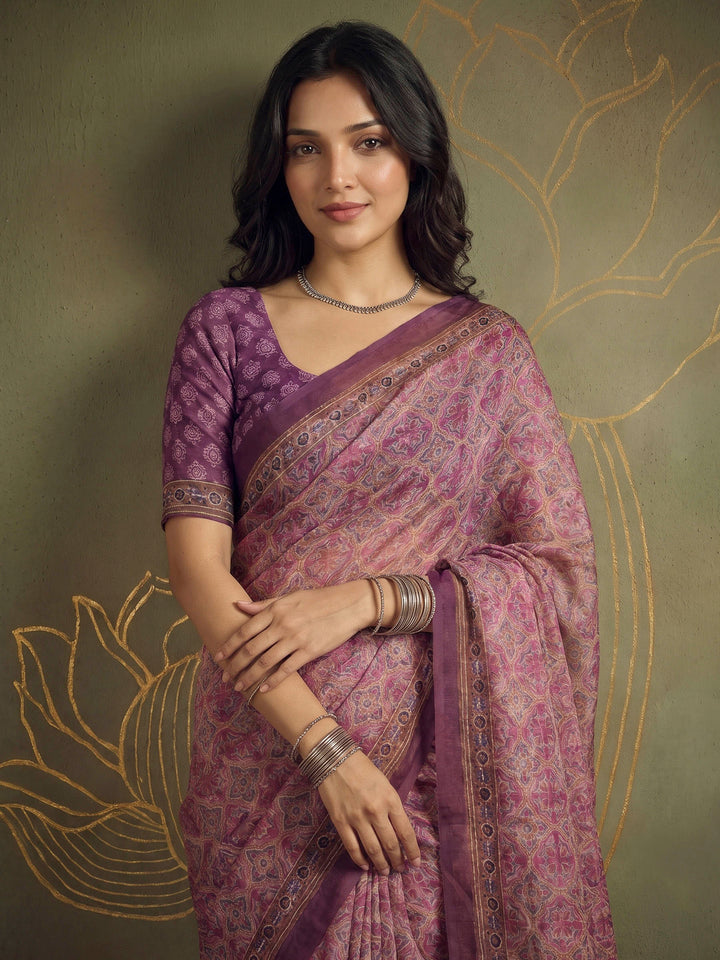 Pink Cotton Blend Printed Saree