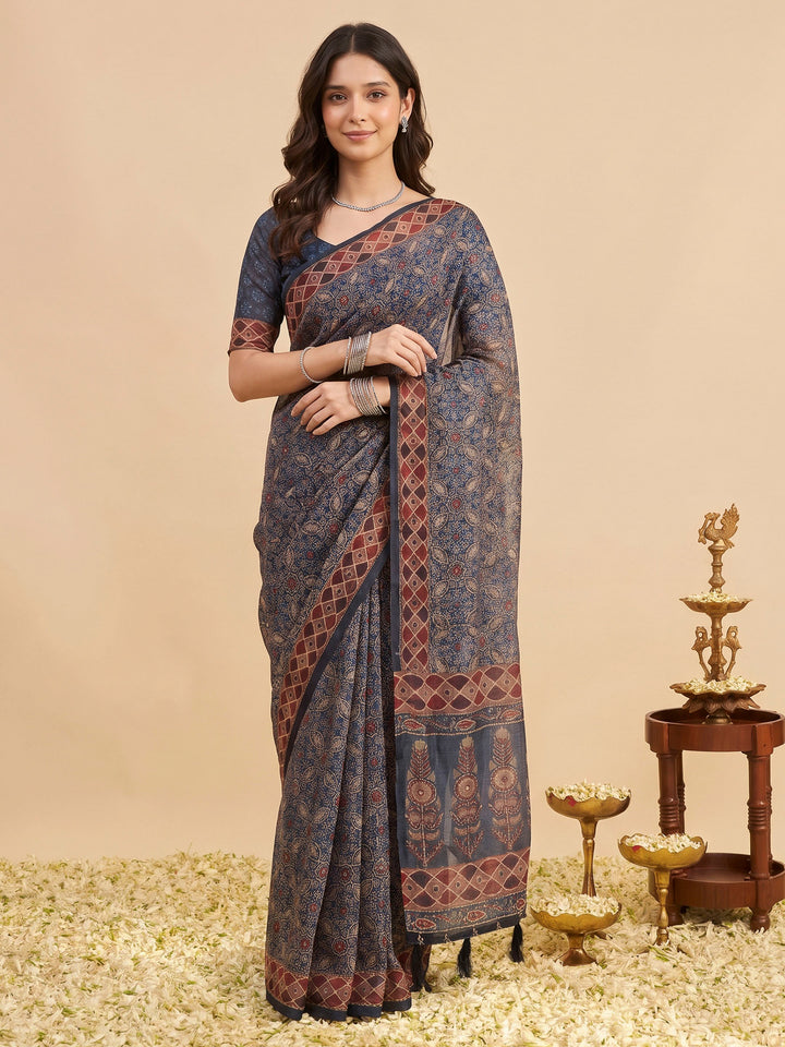 Blue Cotton Blend Printed Saree