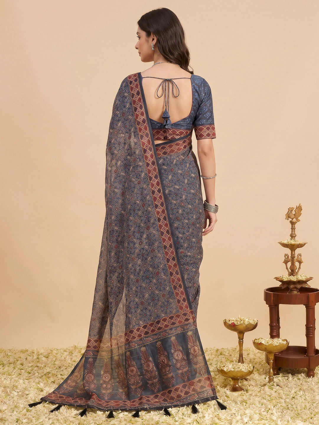 Blue Cotton Blend Printed Saree