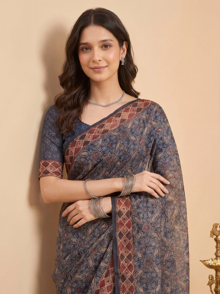 Blue Cotton Blend Printed Saree