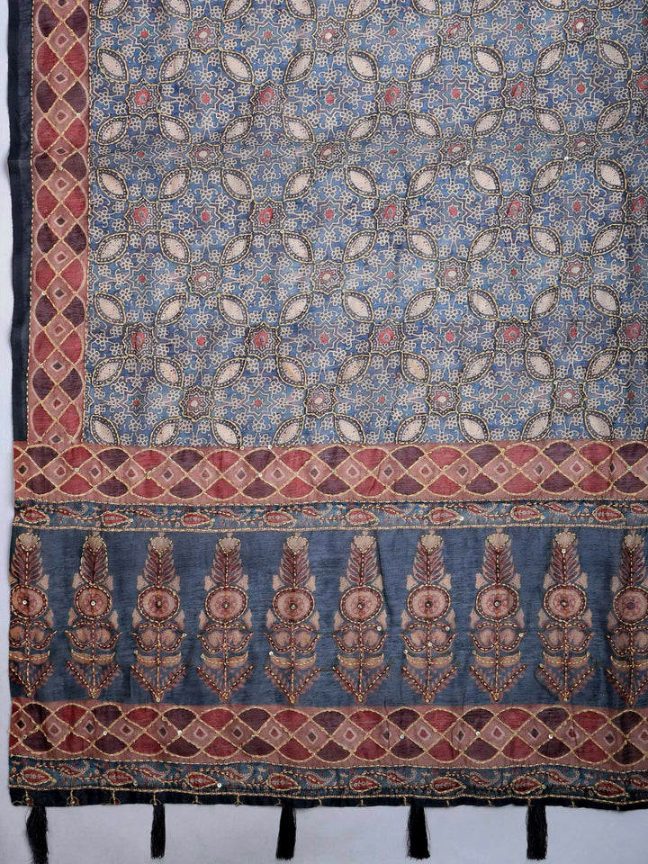 Blue Cotton Blend Printed Saree