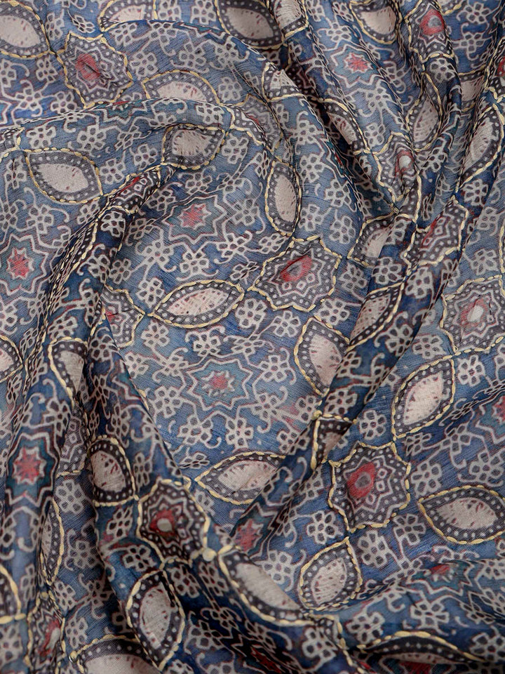 Blue Cotton Blend Printed Saree