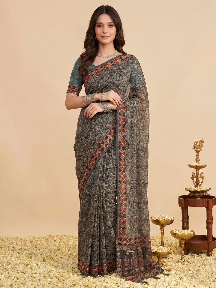 Green Cotton Blend Printed Saree
