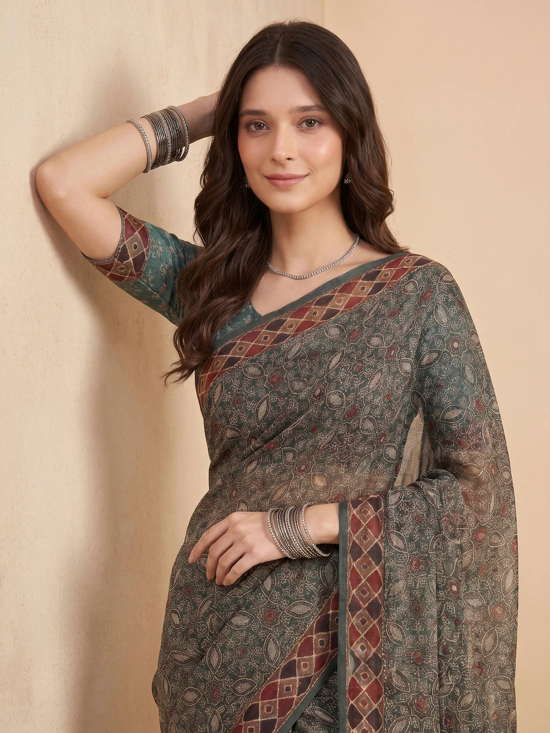 Green Cotton Blend Printed Saree