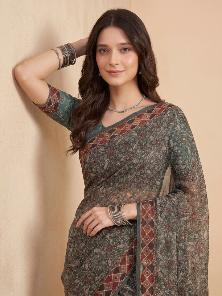 Green Cotton Blend Printed Saree