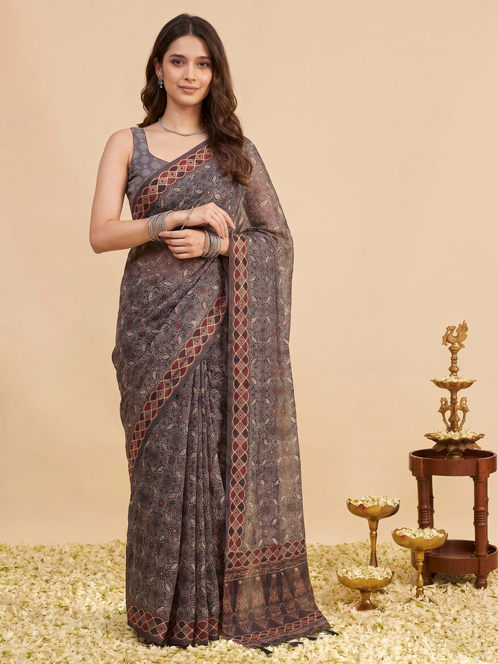 Grey Cotton Blend Printed Saree
