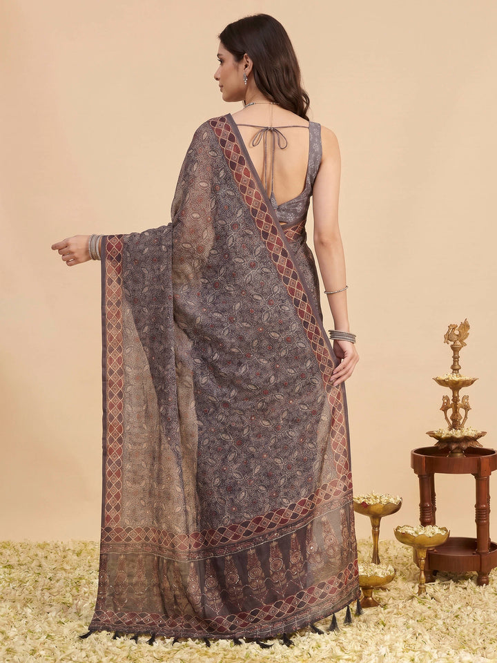 Grey Cotton Blend Printed Saree