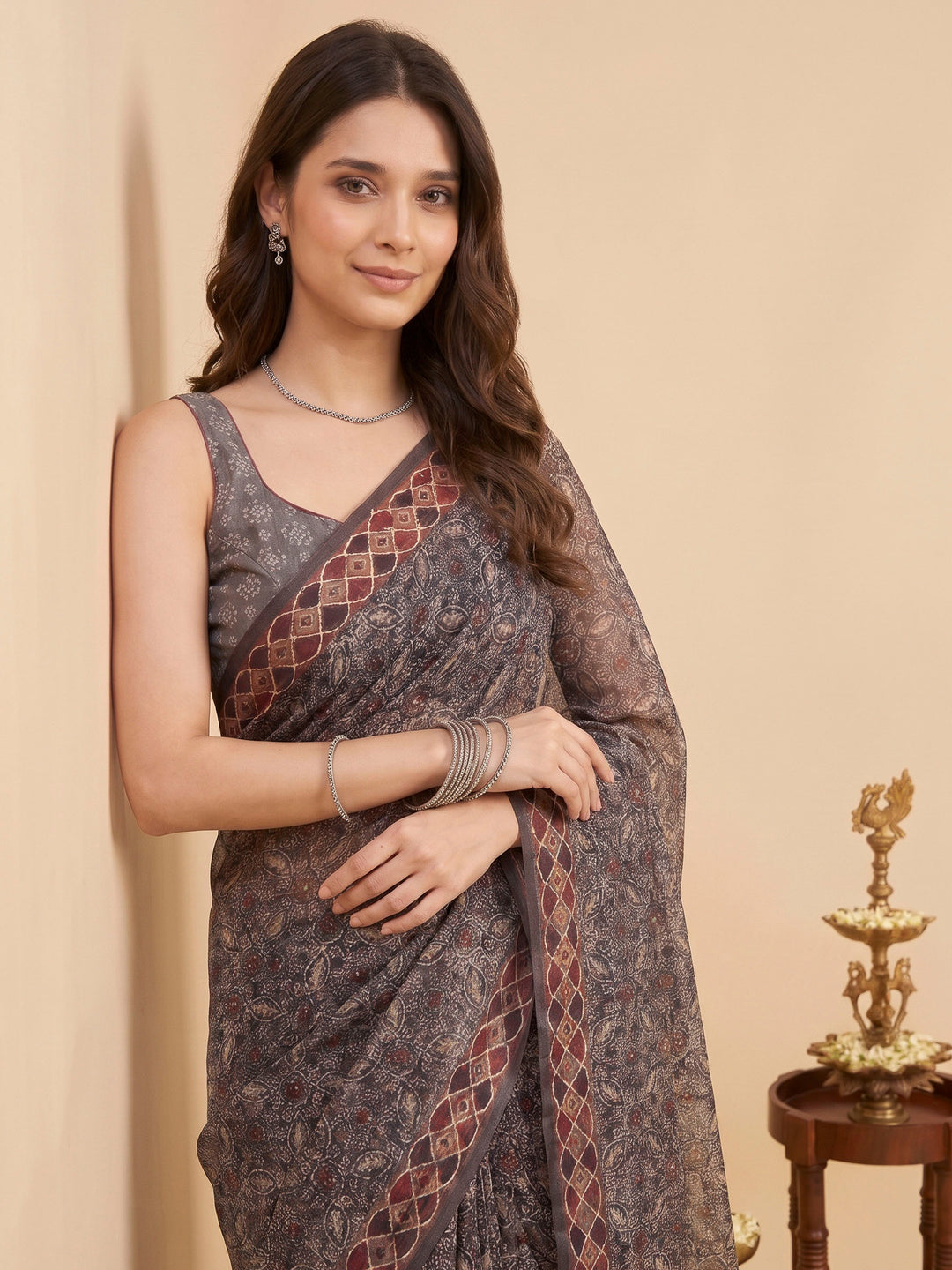 Grey Cotton Blend Printed Saree