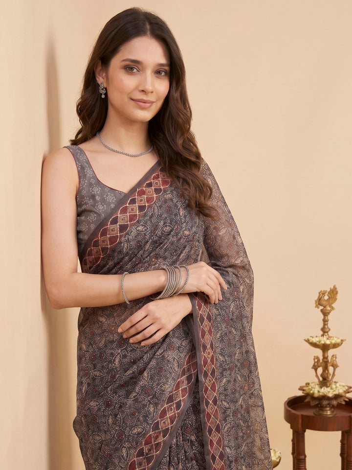 Grey Cotton Blend Printed Saree