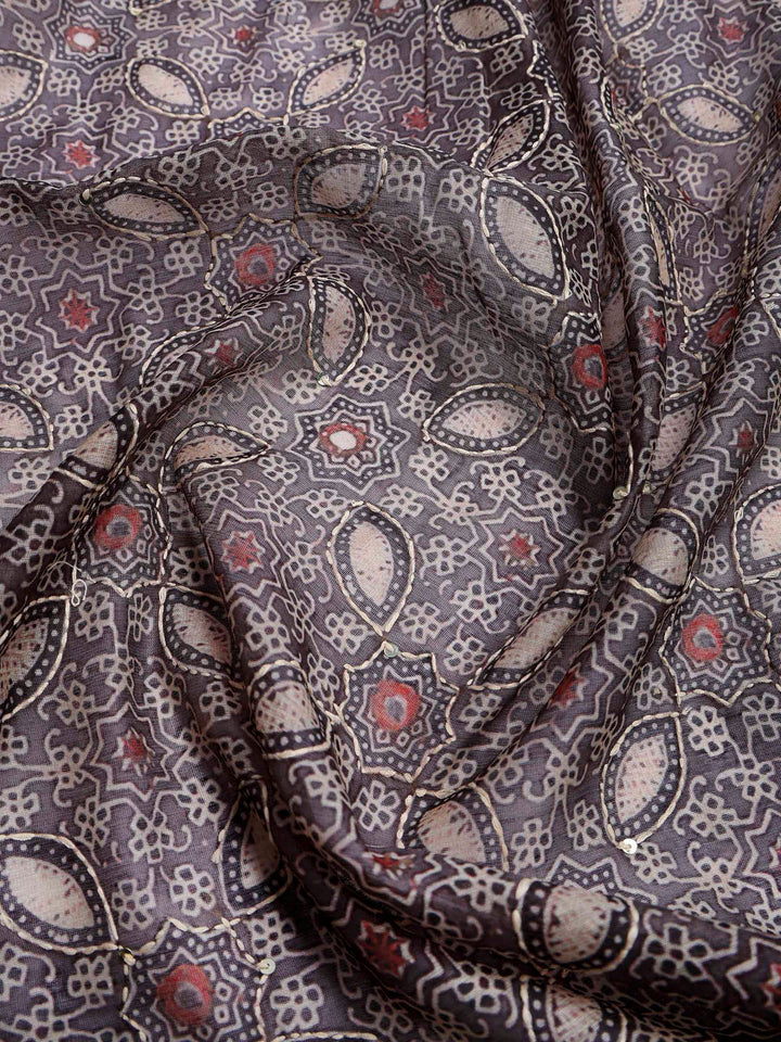 Grey Cotton Blend Printed Saree