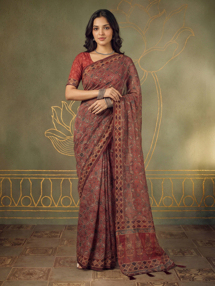 Maroon Cotton Blend Printed Saree