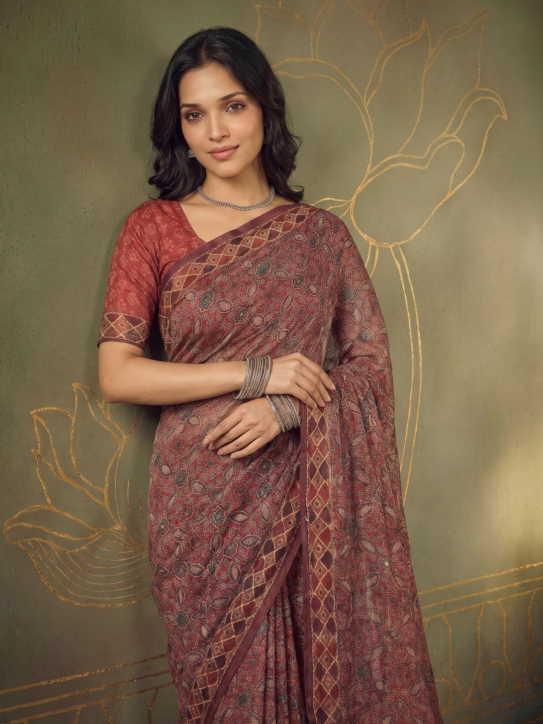 Maroon Cotton Blend Printed Saree