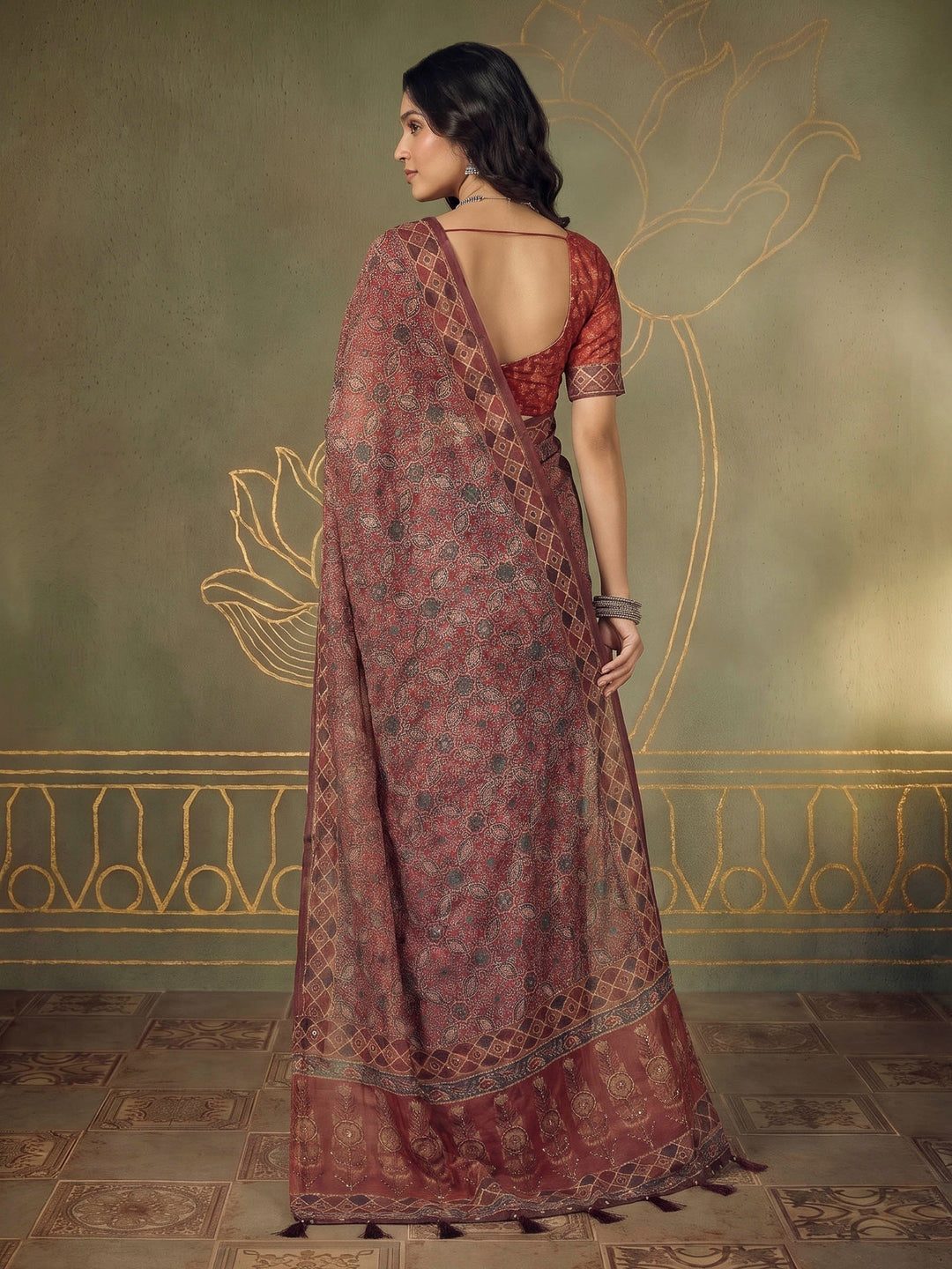 Maroon Cotton Blend Printed Saree
