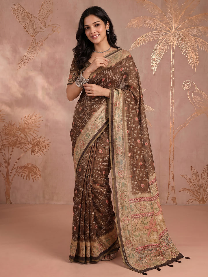 Brown Cotton Blend Printed Saree