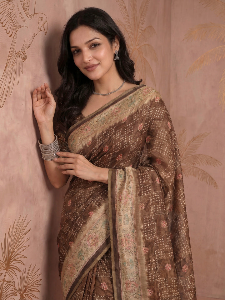 Brown Cotton Blend Printed Saree