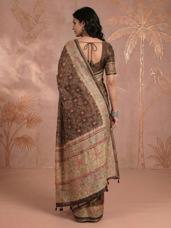 Brown Cotton Blend Printed Saree