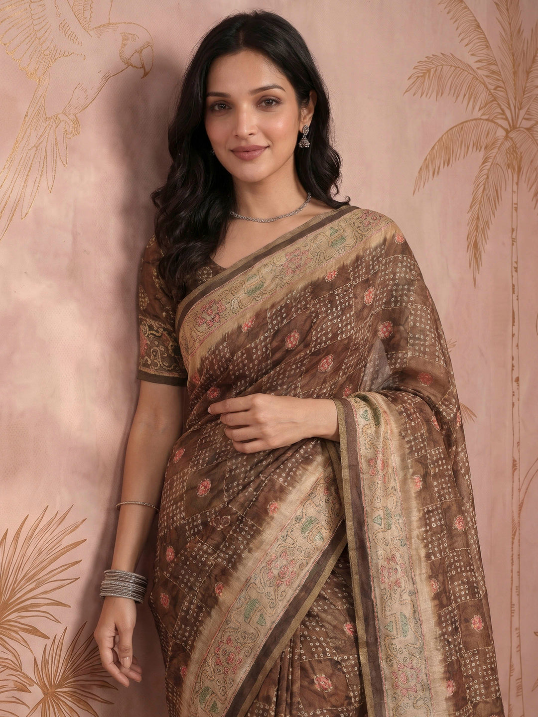 Brown Cotton Blend Printed Saree