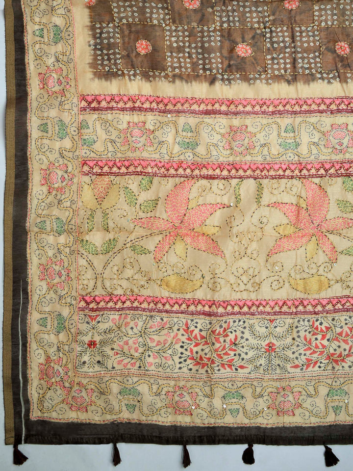 Brown Cotton Blend Printed Saree