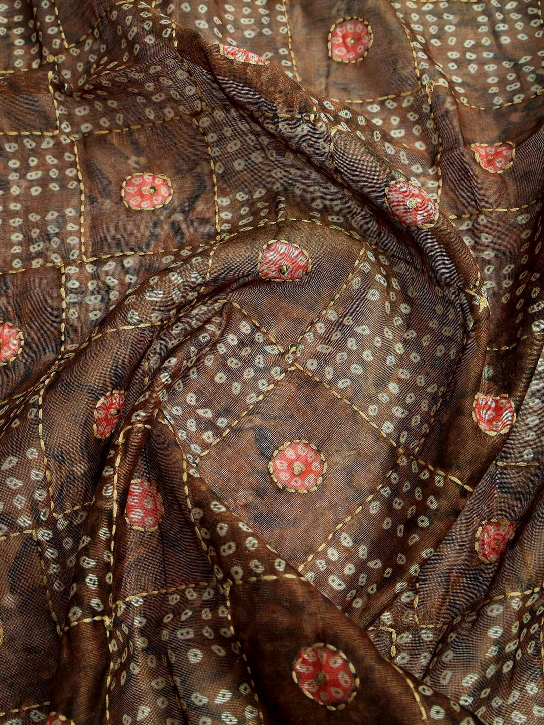Brown Cotton Blend Printed Saree