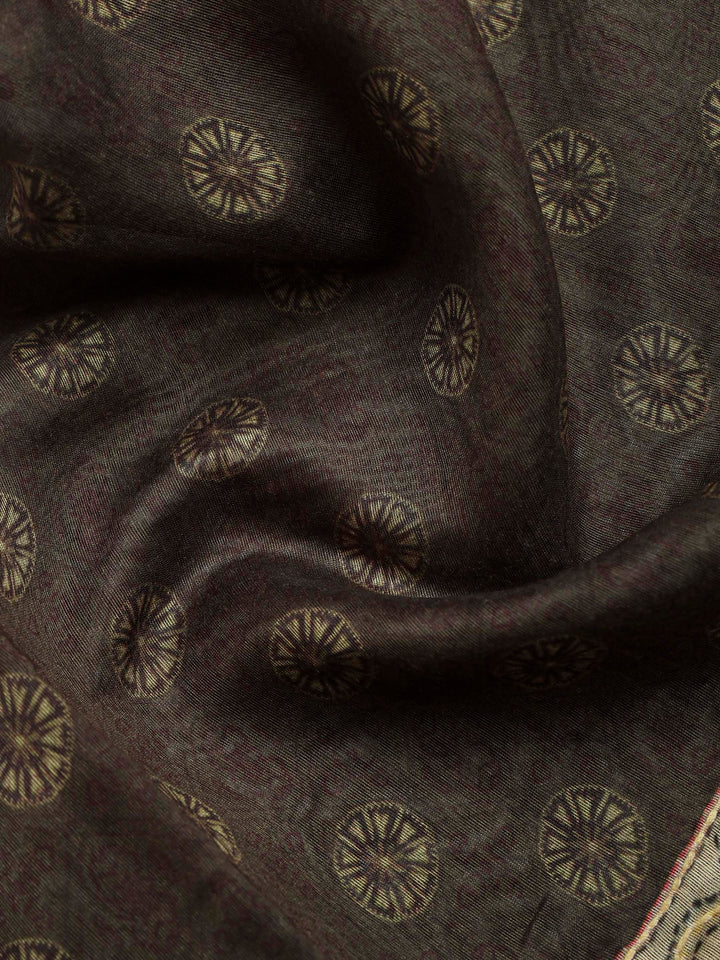 Brown Cotton Blend Printed Saree