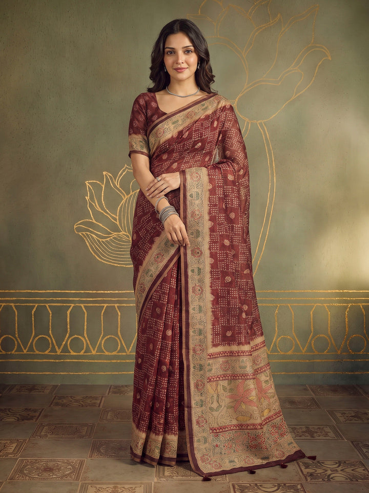 Maroon Cotton Blend Printed Saree